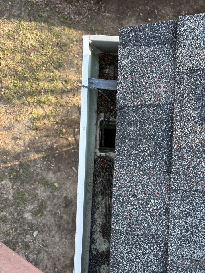 Debris and organic material near a downspout opening before service