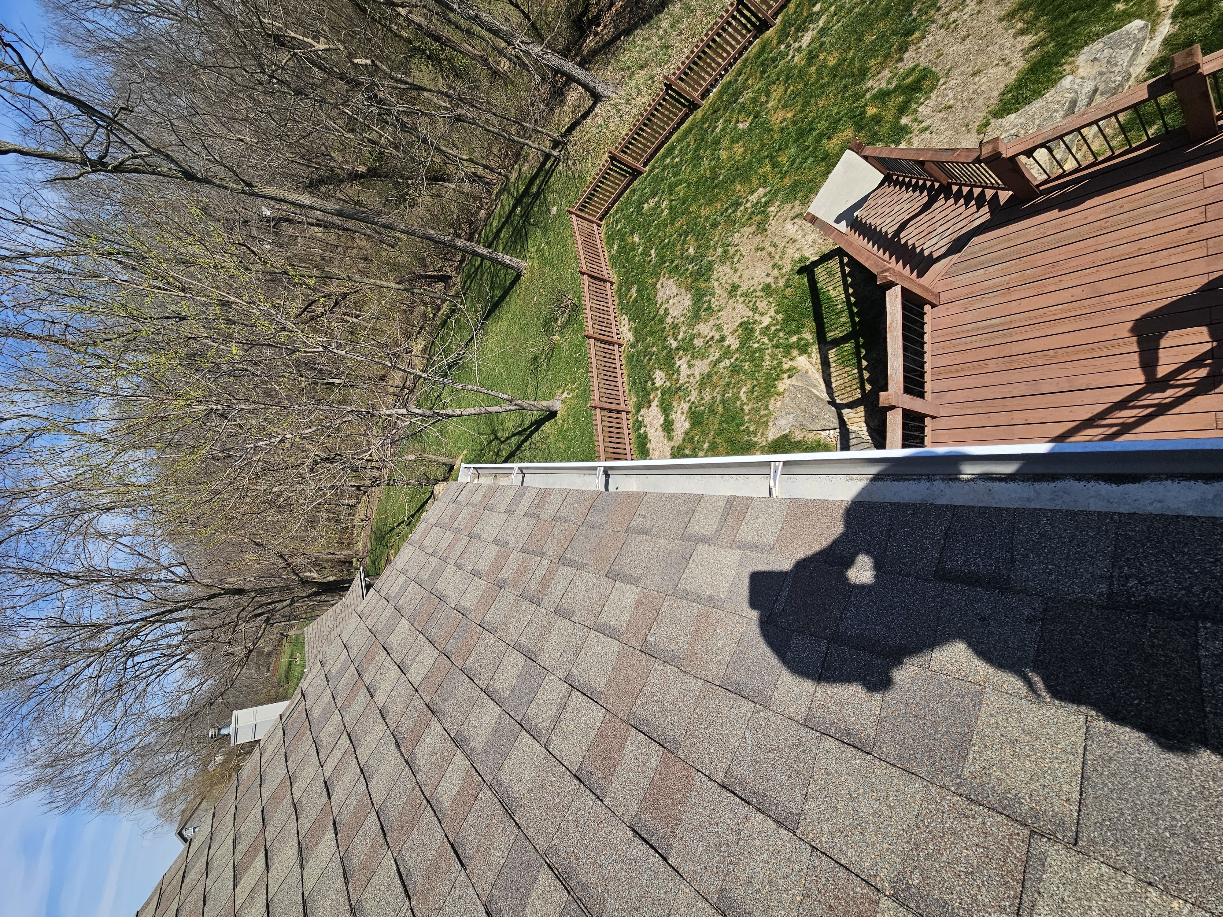 Upper rear gutter and trees visible beyond the roofline on a Liberty home