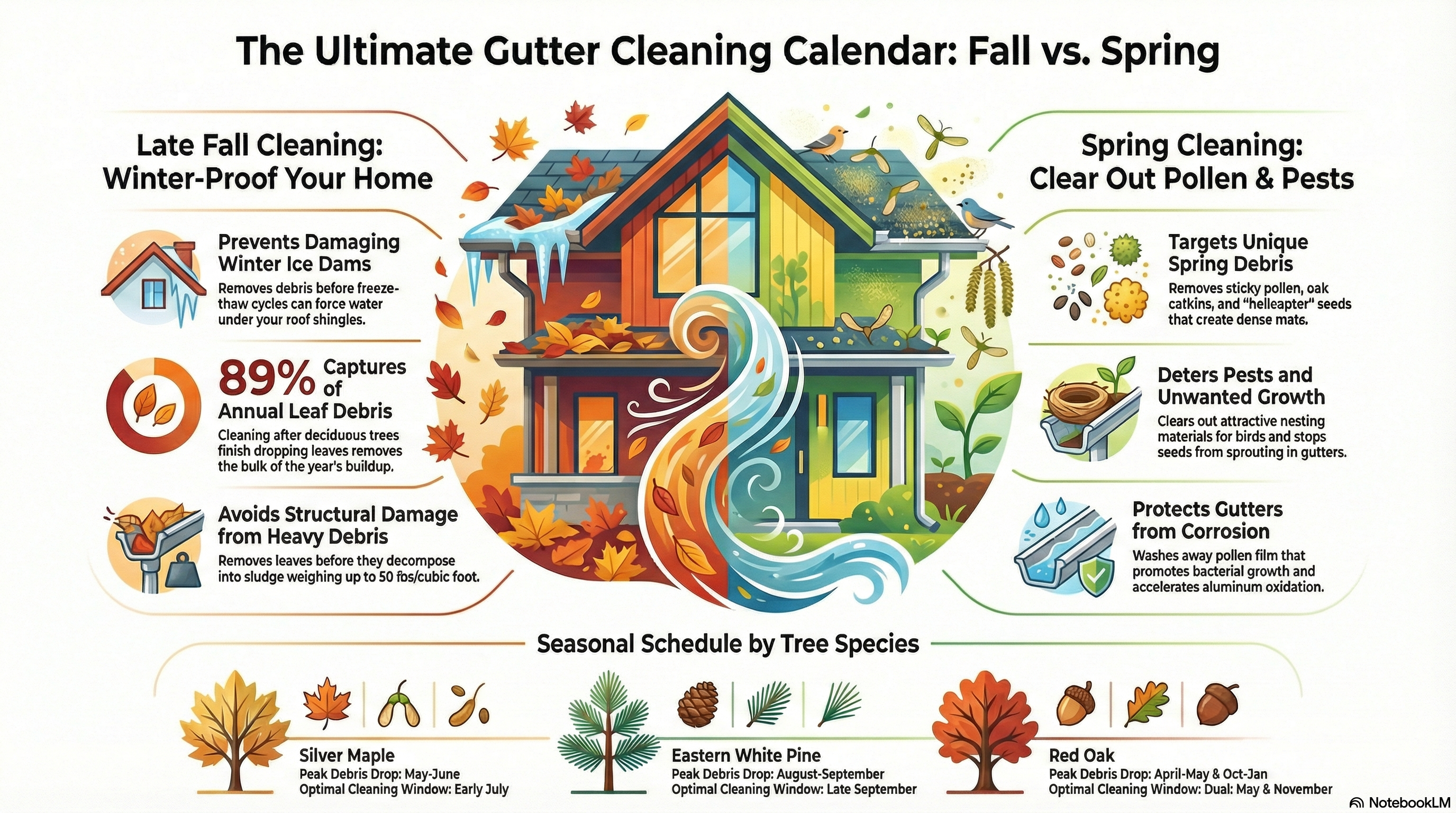 Seasonal gutter cleaning calendar by tree type