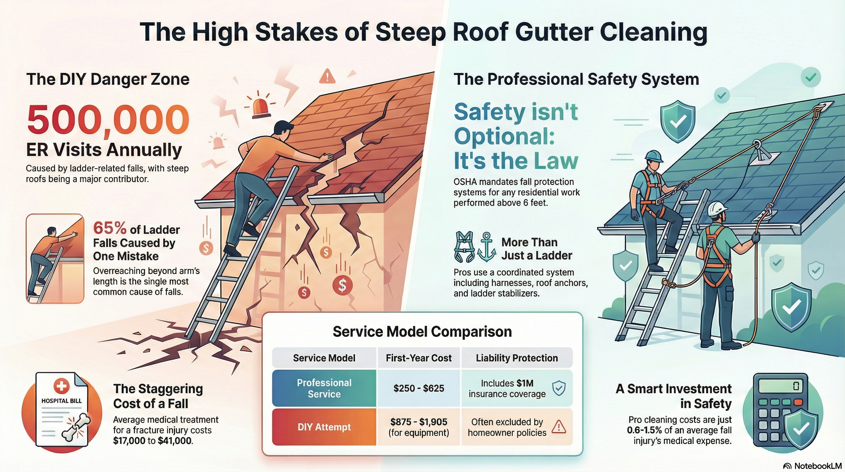 Steep roof gutter cleaning safety equipment setup