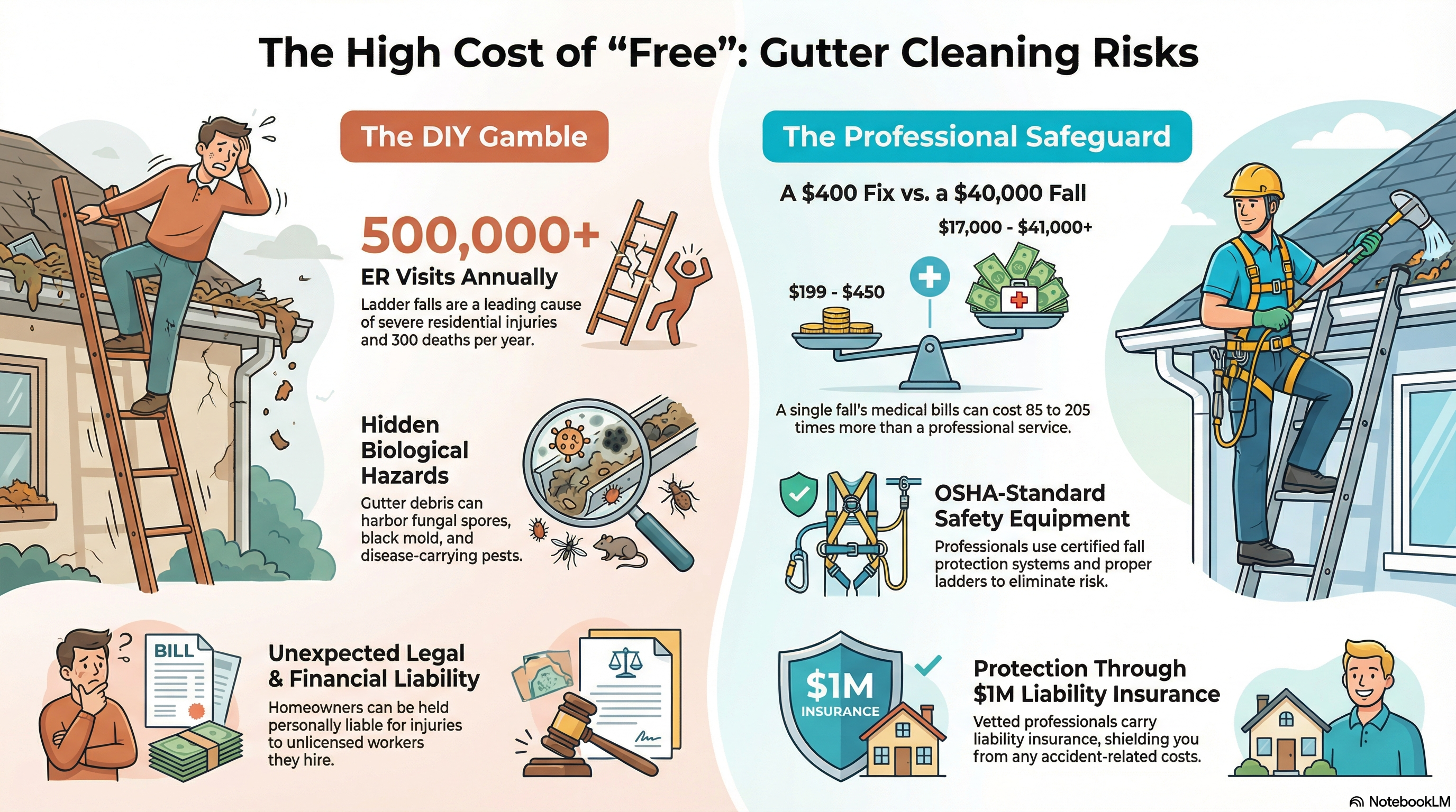 The Dangers of DIY Gutter Cleaning (Ladder Injury Stats) - Infographic