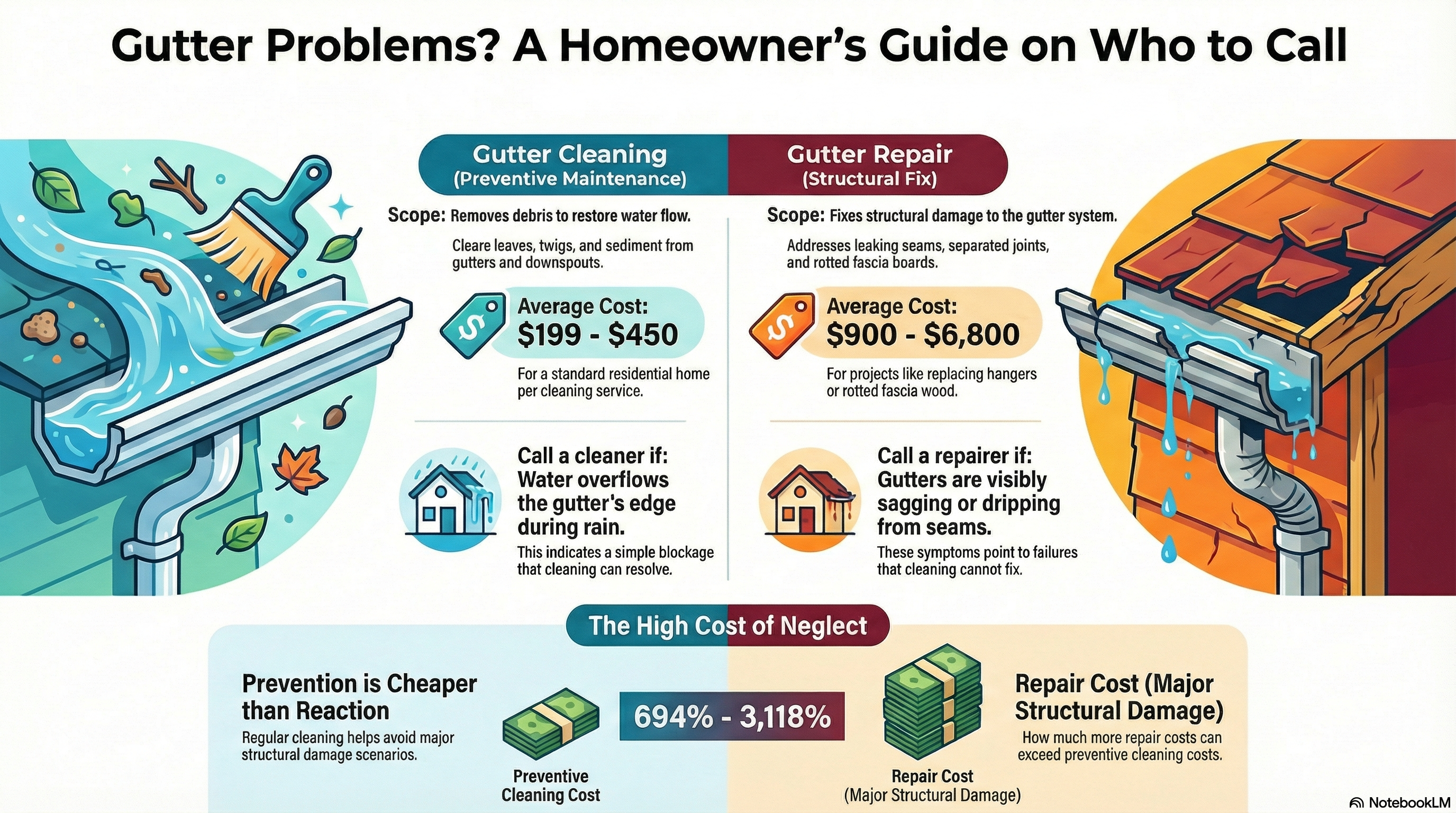 Gutter Cleaning vs. Gutter Repair: Who to Call for Leaks? (February 2026) - Infographic