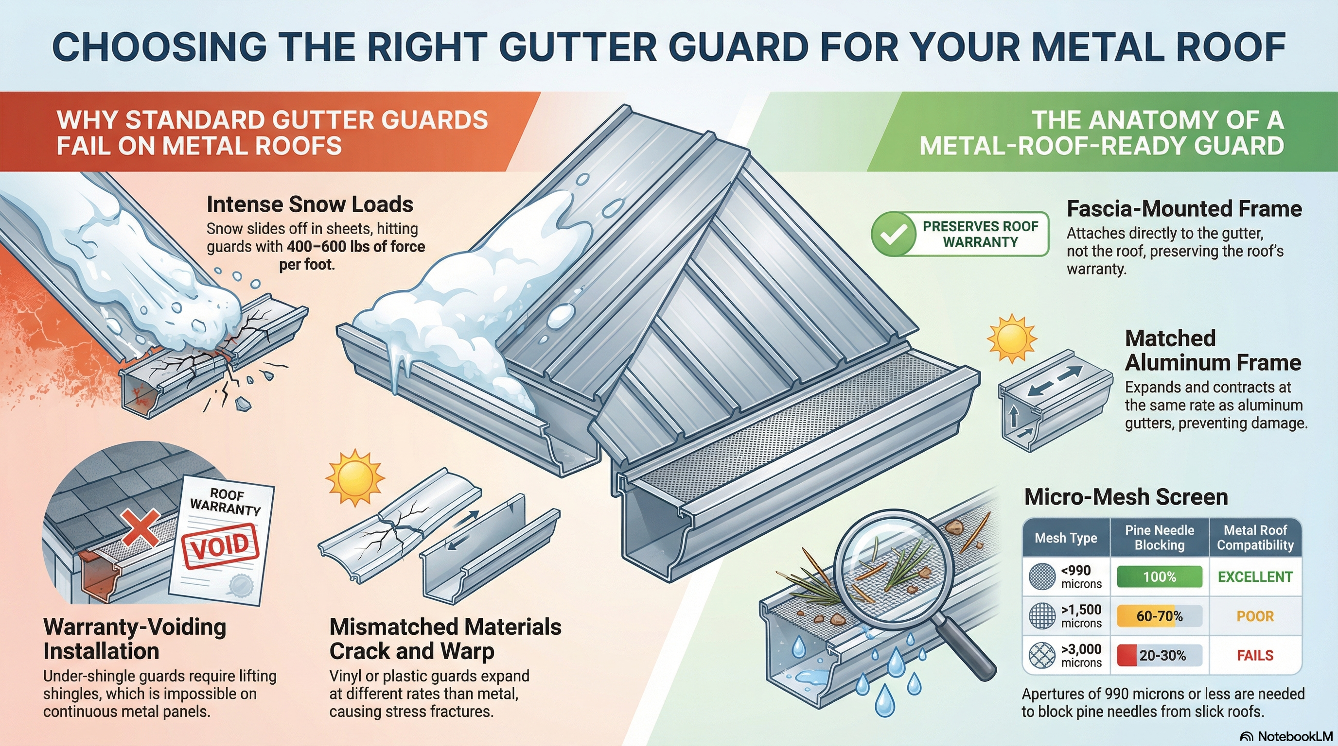 Do Gutter Guards Work on Metal Roofs? (Sliding Snow Issues) - Infographic