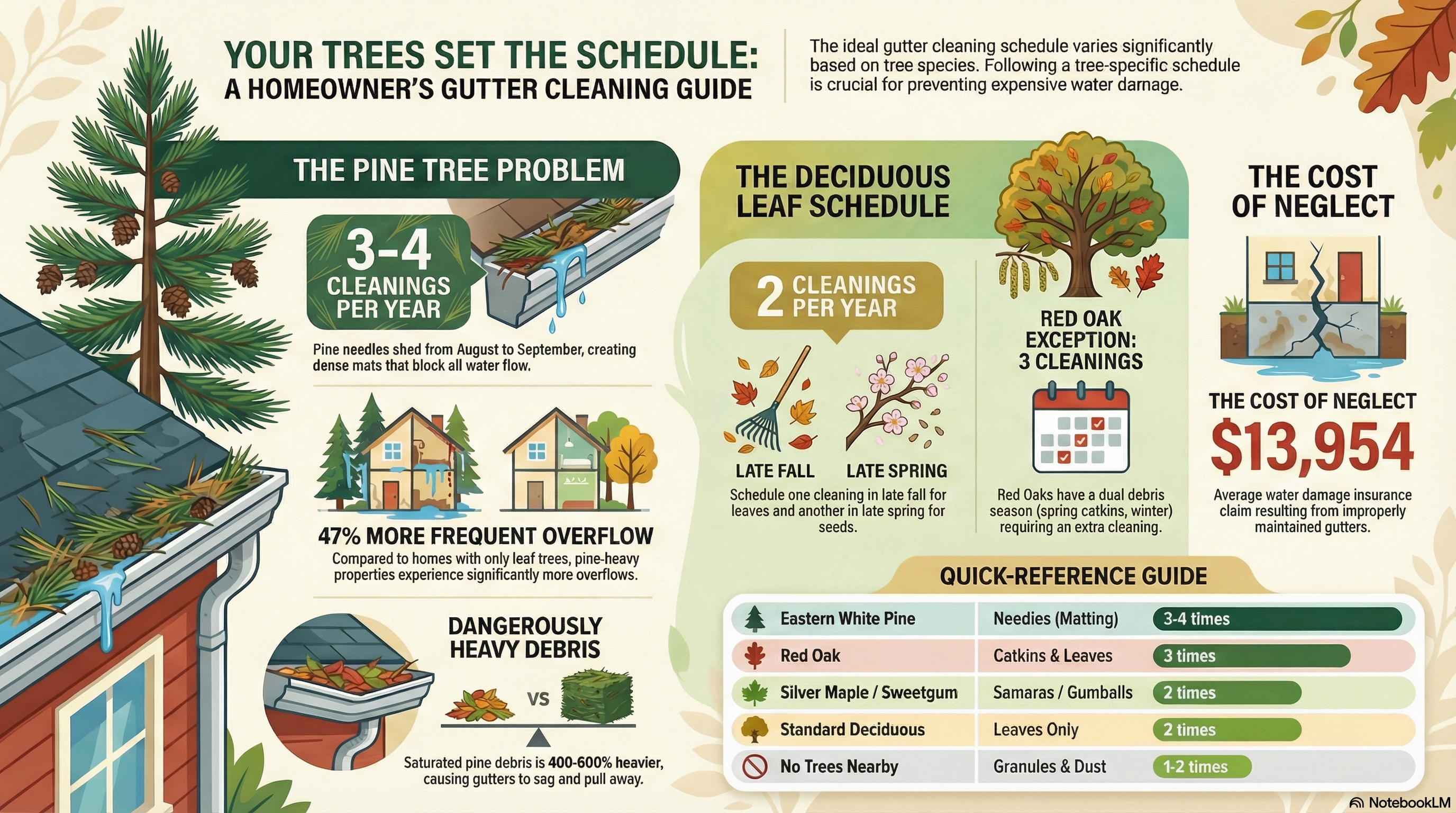 How Often Should You Clean Gutters? Pine vs. Leaf Trees | February 2026 - Infographic