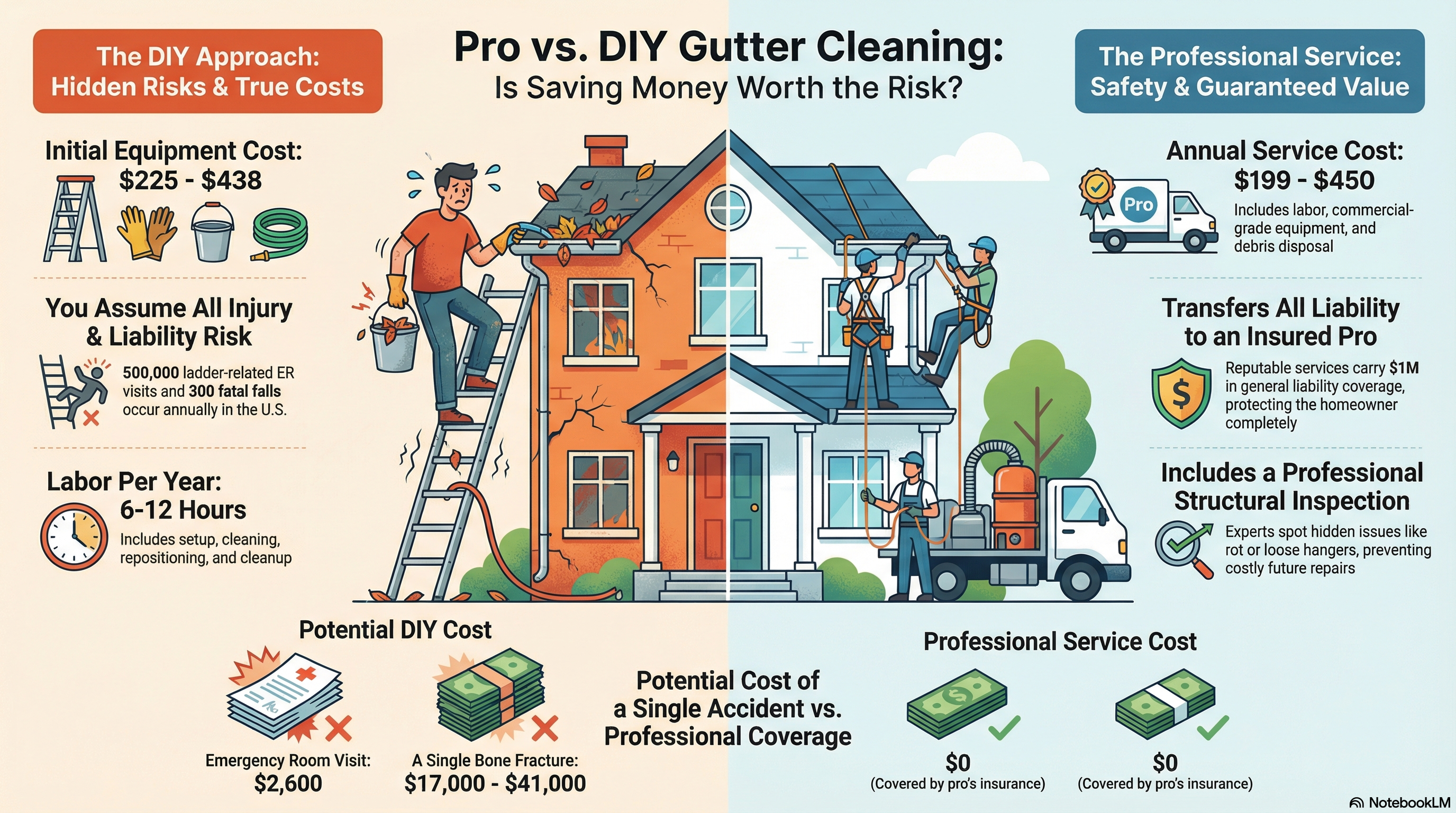 Professional Gutter Cleaning vs. DIY: Safety & Results (February 2026) - Infographic