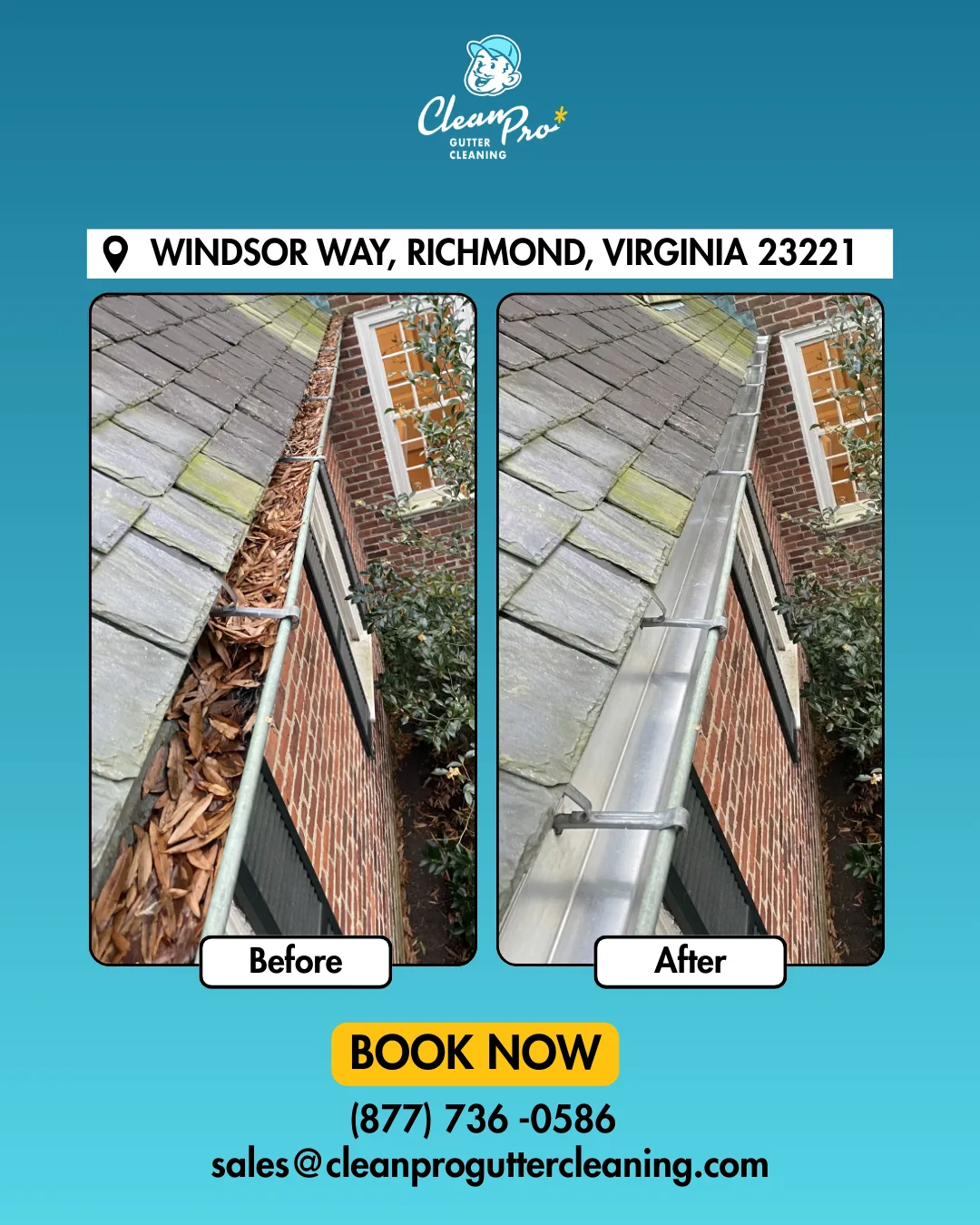 Before and after gutter cleaning on Windsor Way, Richmond, VA