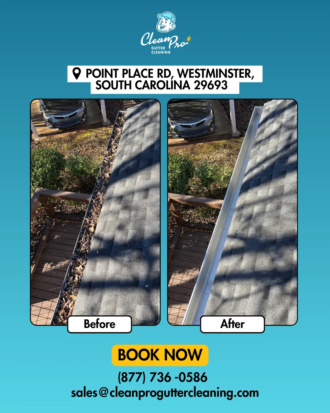 Before and after gutter cleaning on Point Place Rd, Westminster, SC