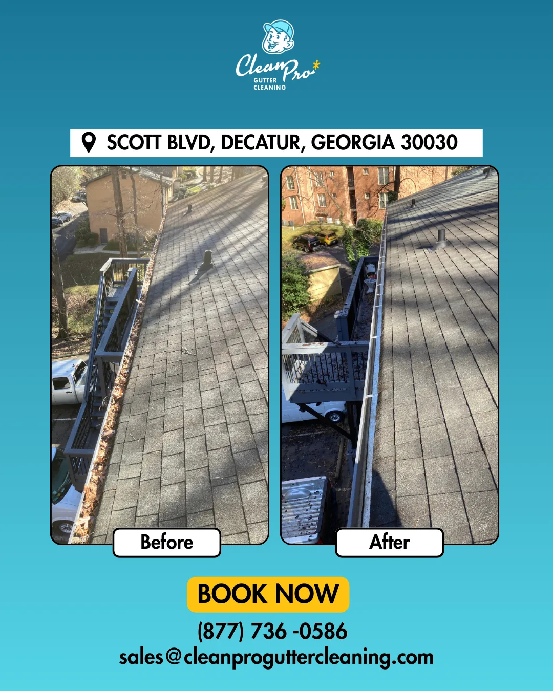 Before and after gutter cleaning on Scott Blvd, Decatur, GA