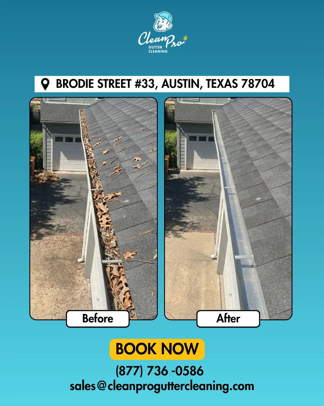 Before and after gutter cleaning on Brodie Street, Austin, TX