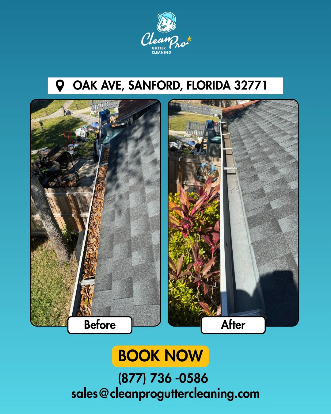 Before and after gutter cleaning on Oak Ave, Sanford, FL