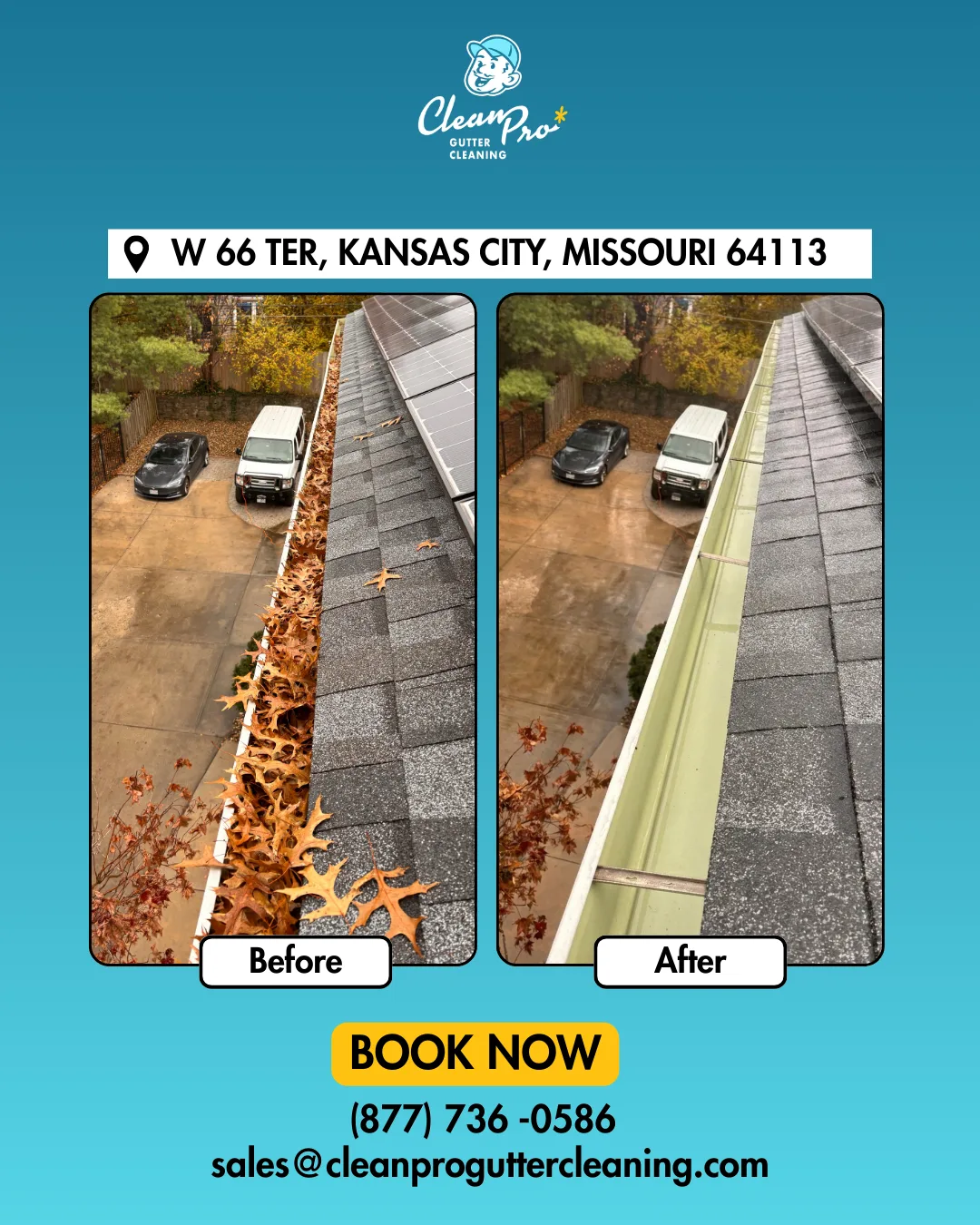 Before and after gutter cleaning on W 66 Ter, Kansas City, MO
