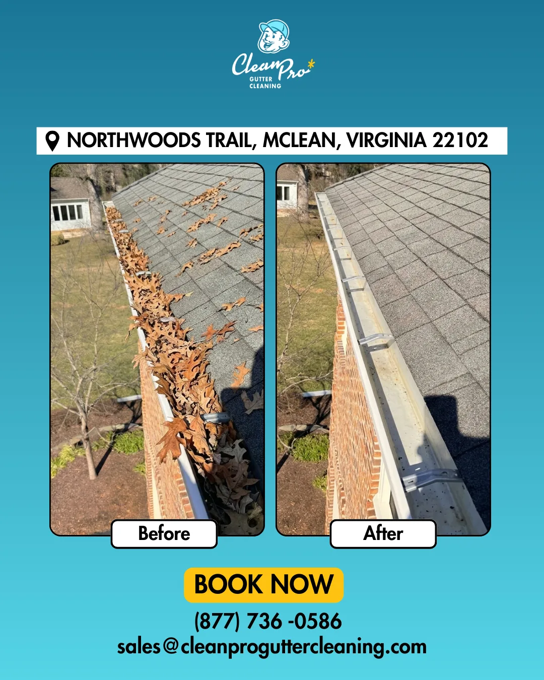 Before and after gutter cleaning on Northwoods Trail, McLean, VA