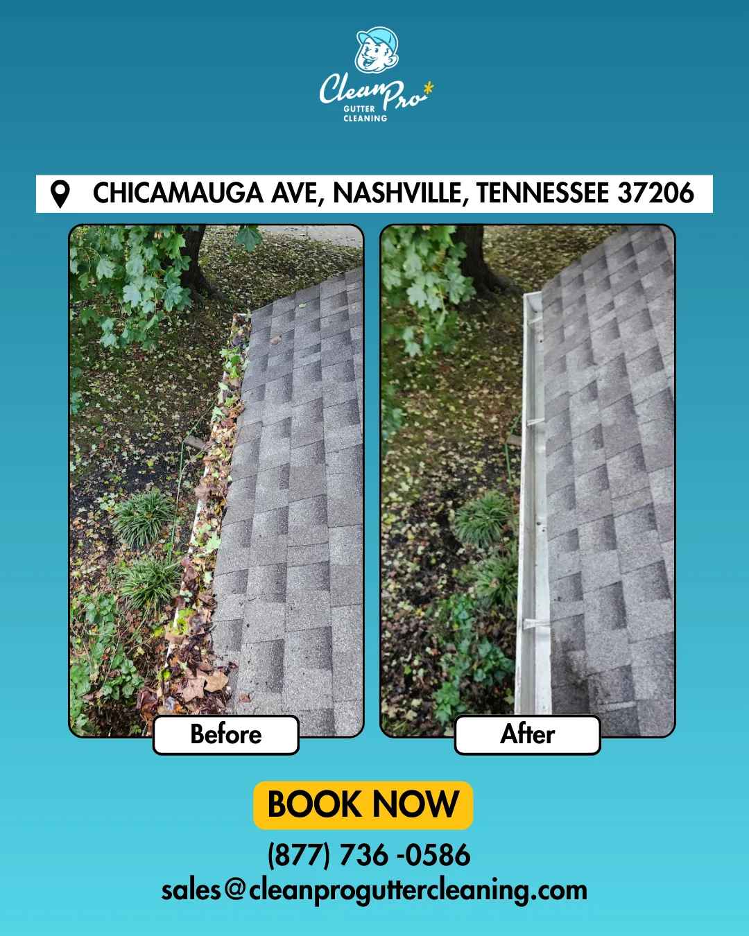 Before and after gutter cleaning on Chicamauga Ave, Nashville, TN