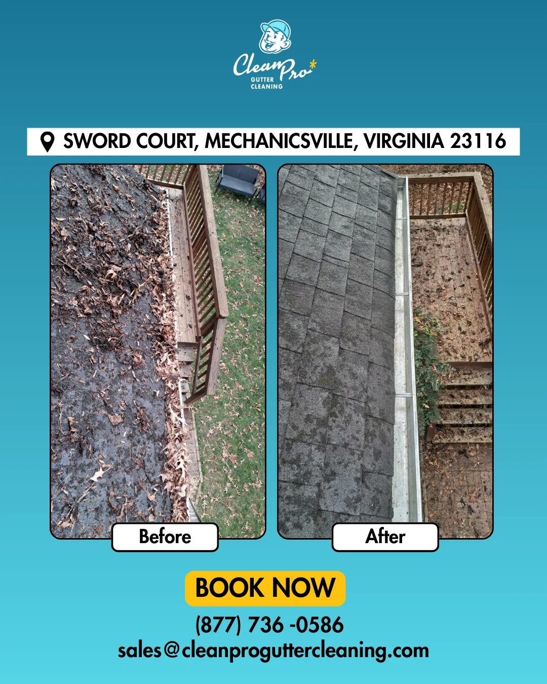 Before and after gutter cleaning on Sword Court, Mechanicsville, VA