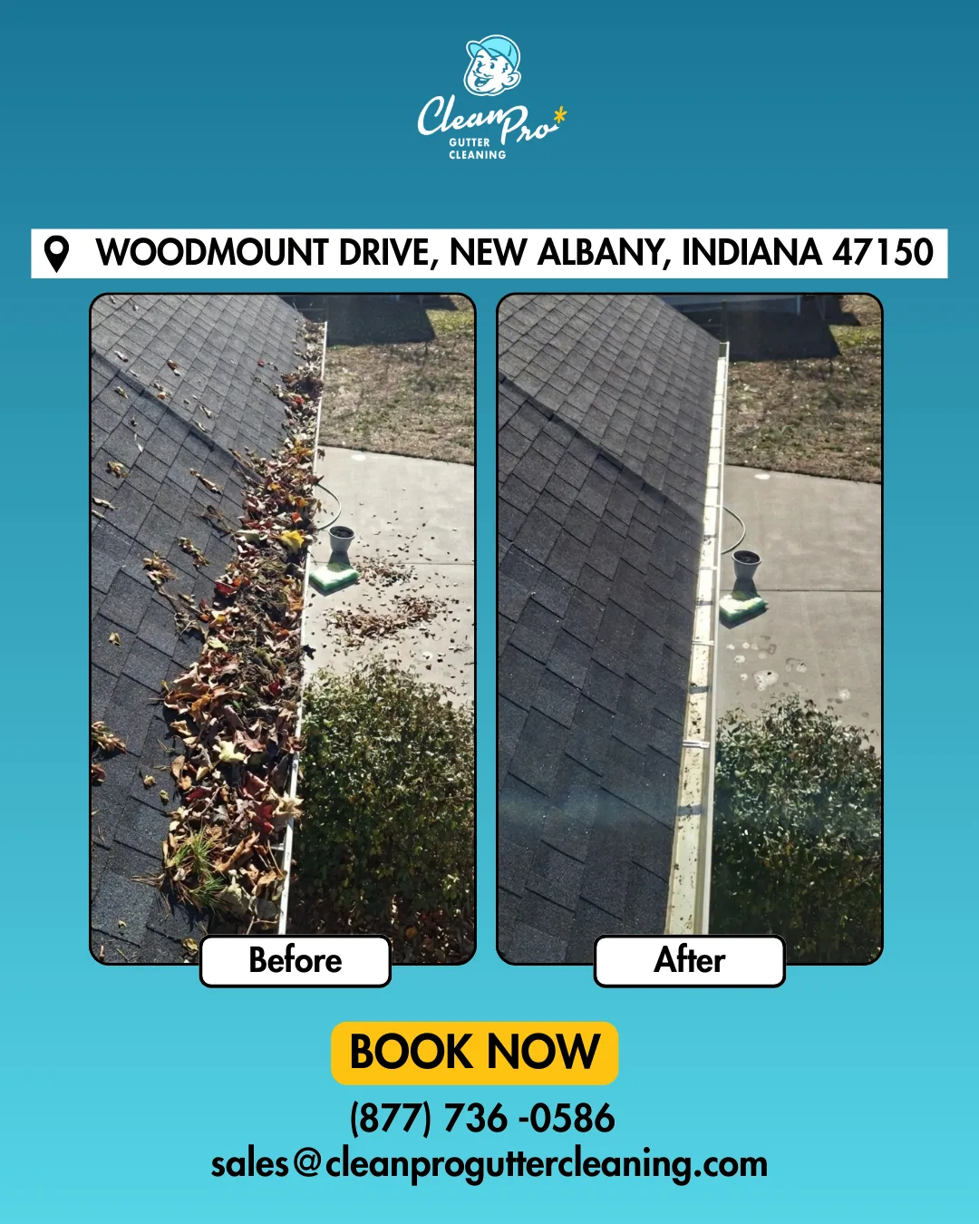 Before and after gutter cleaning on Woodmount Drive, New Albany, IN