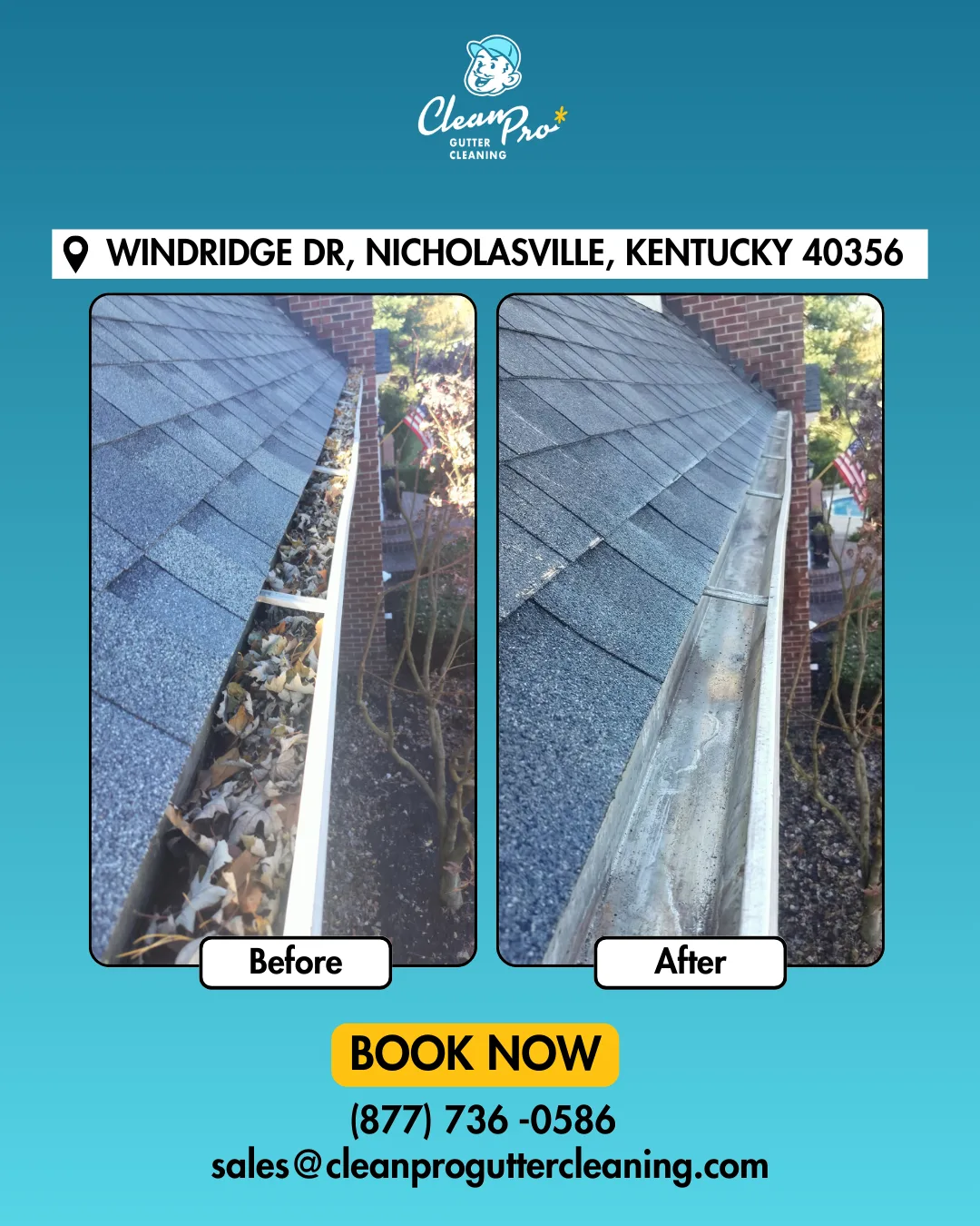 Before and after gutter cleaning on Windridge Dr, Nicholasville, KY