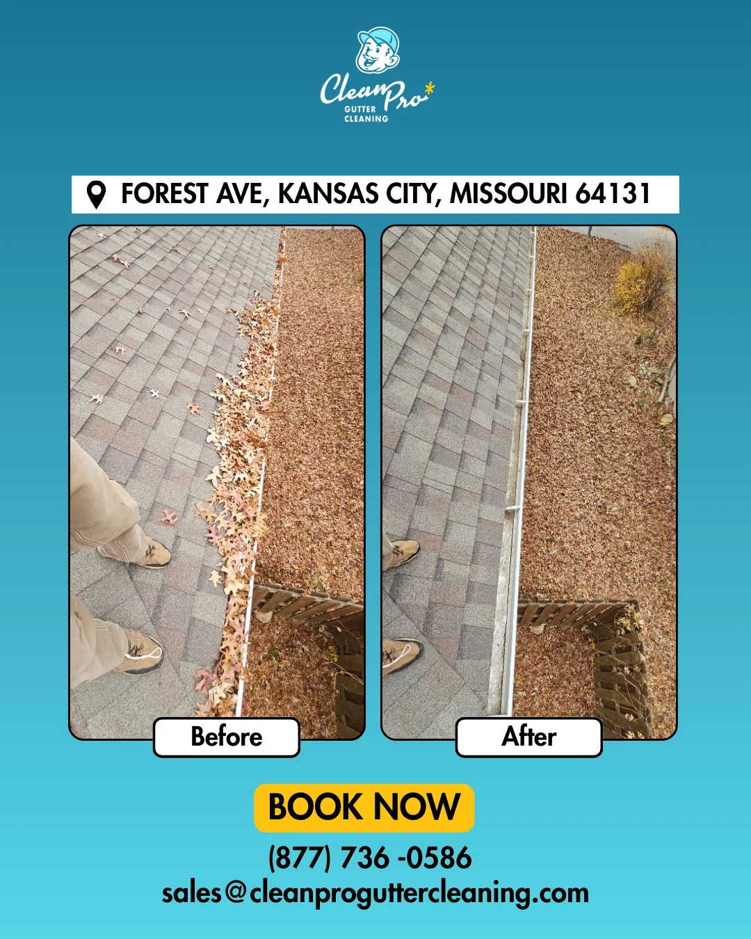 Before and after gutter cleaning on Forest Ave, Kansas City, MO