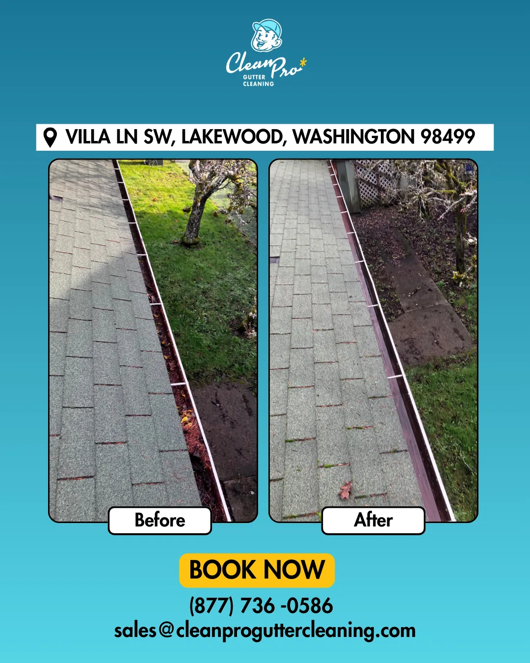 Before and after gutter cleaning on Villa Ln SW, Lakewood, WA