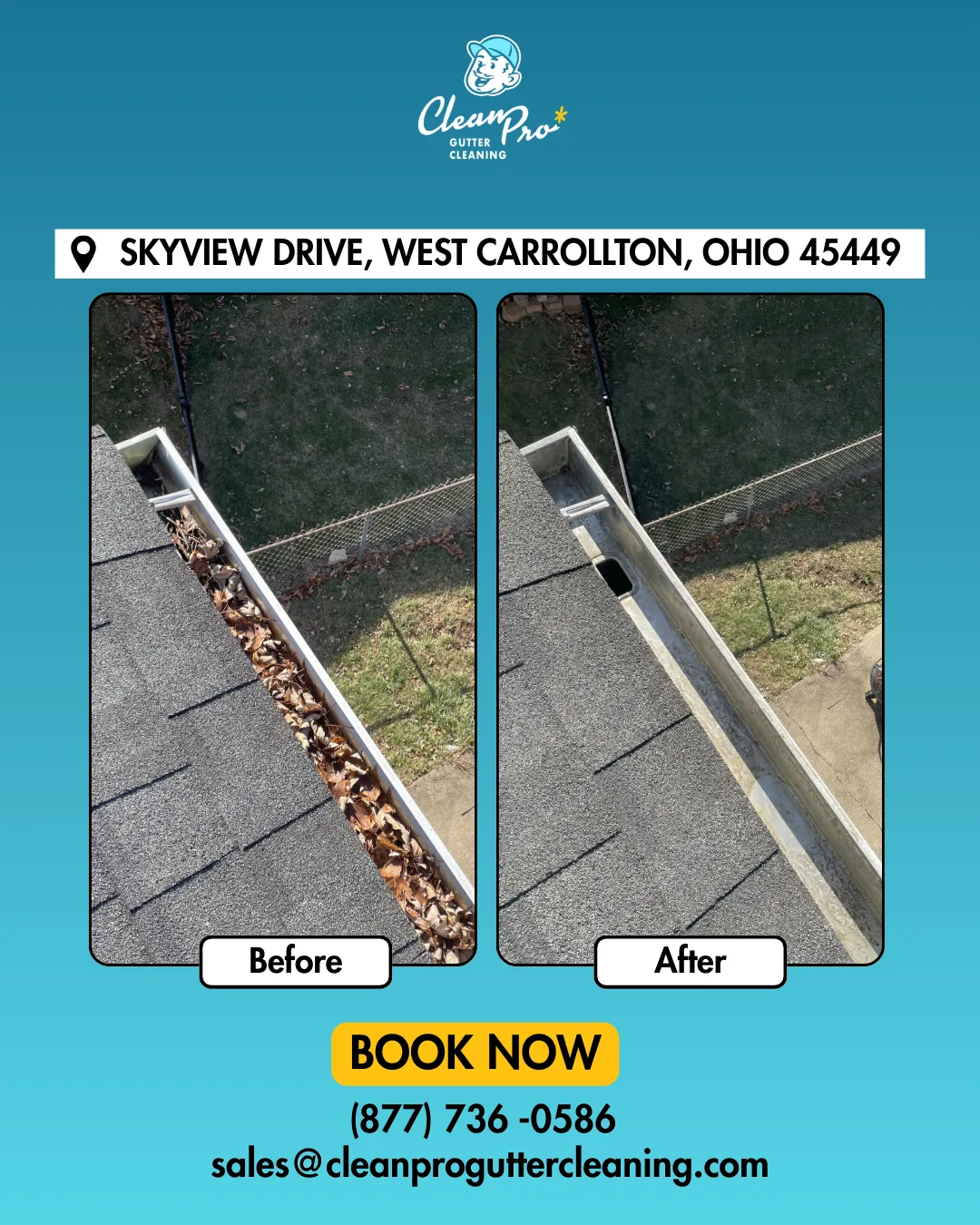 Before and after gutter cleaning on Skyview Drive, West Carrollton, OH