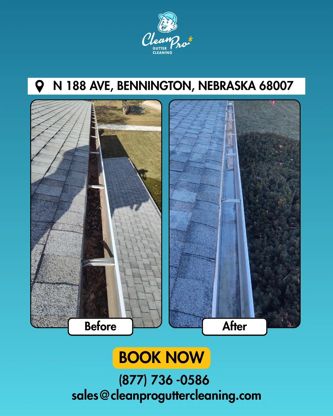 Before and after gutter cleaning on N 188 Ave, Bennington, NE