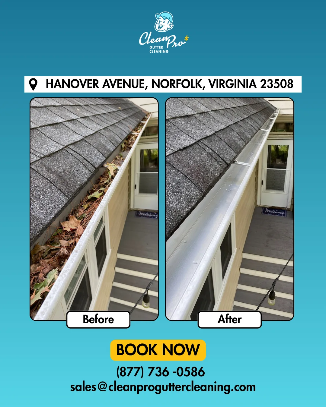 Before and after gutter cleaning on Hanover Avenue, Norfolk, VA