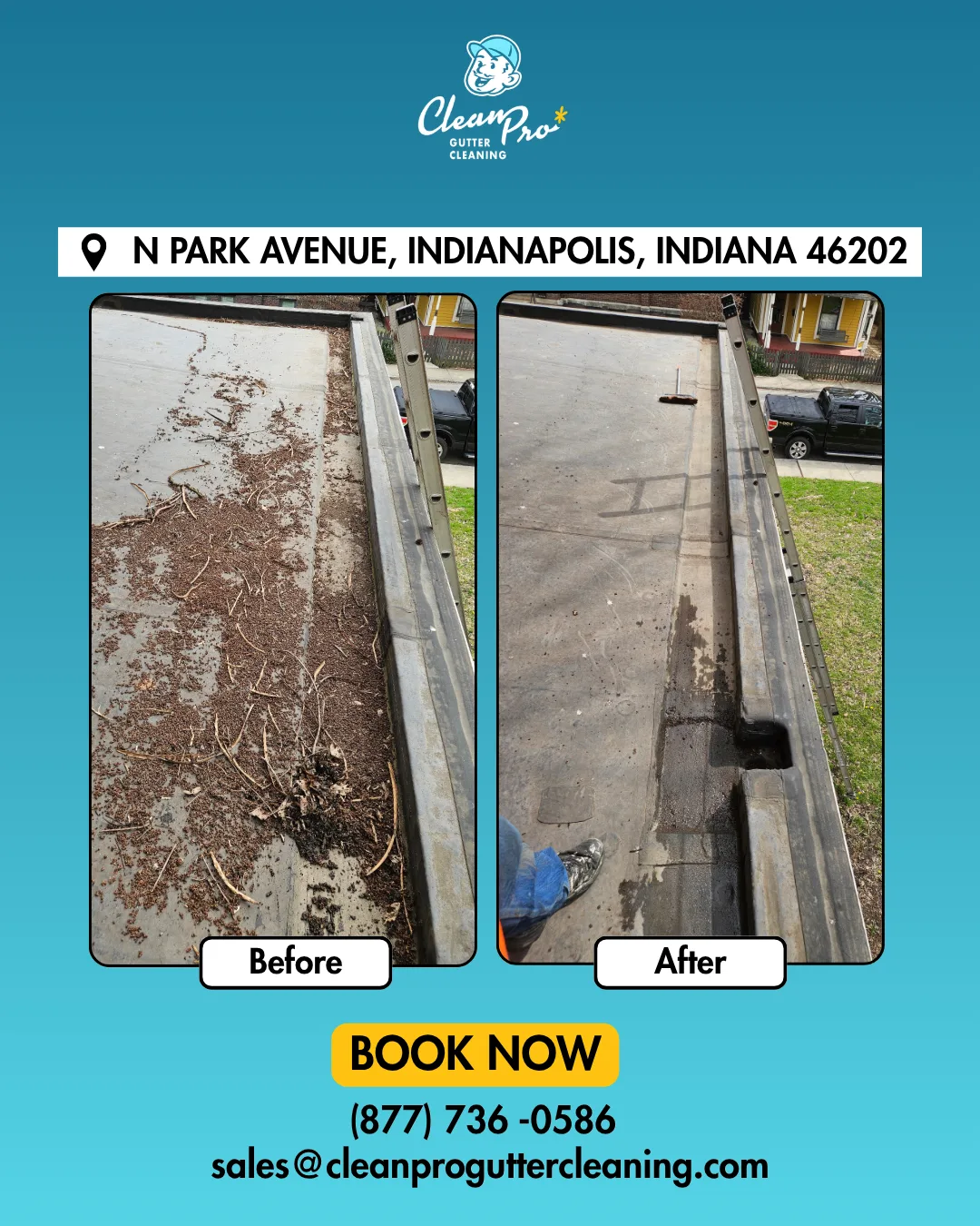Before and after gutter cleaning on N Park Avenue, Indianapolis, IN