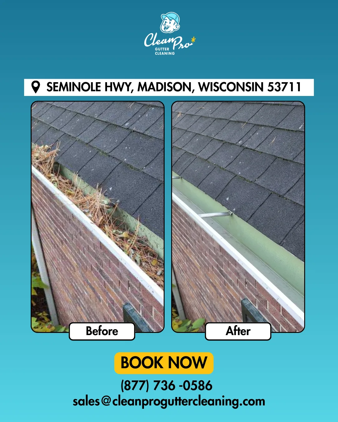 Before and after gutter cleaning on Seminole Hwy, Madison, WI