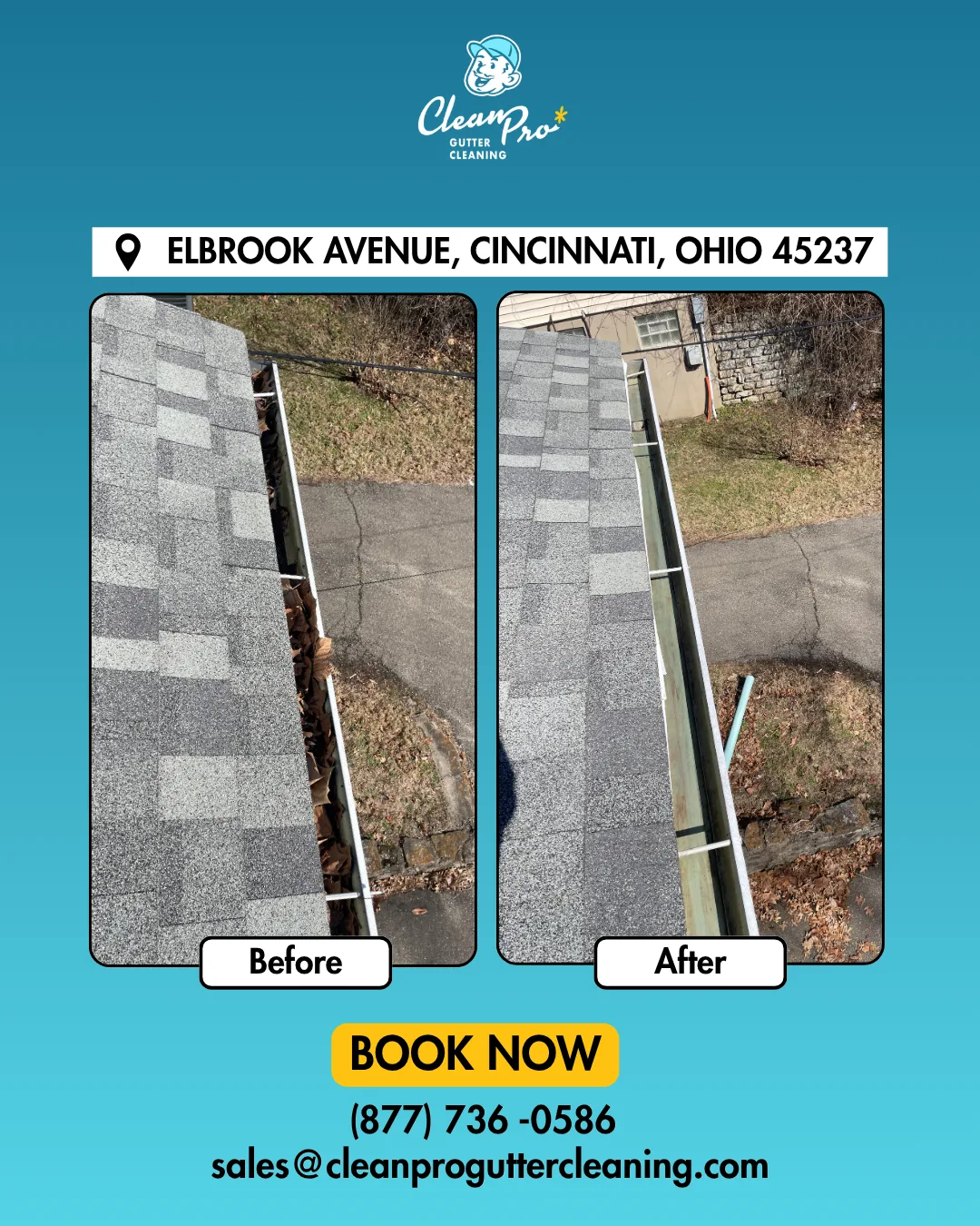 Before and after gutter cleaning on Elbrook Avenue, Cincinnati, OH