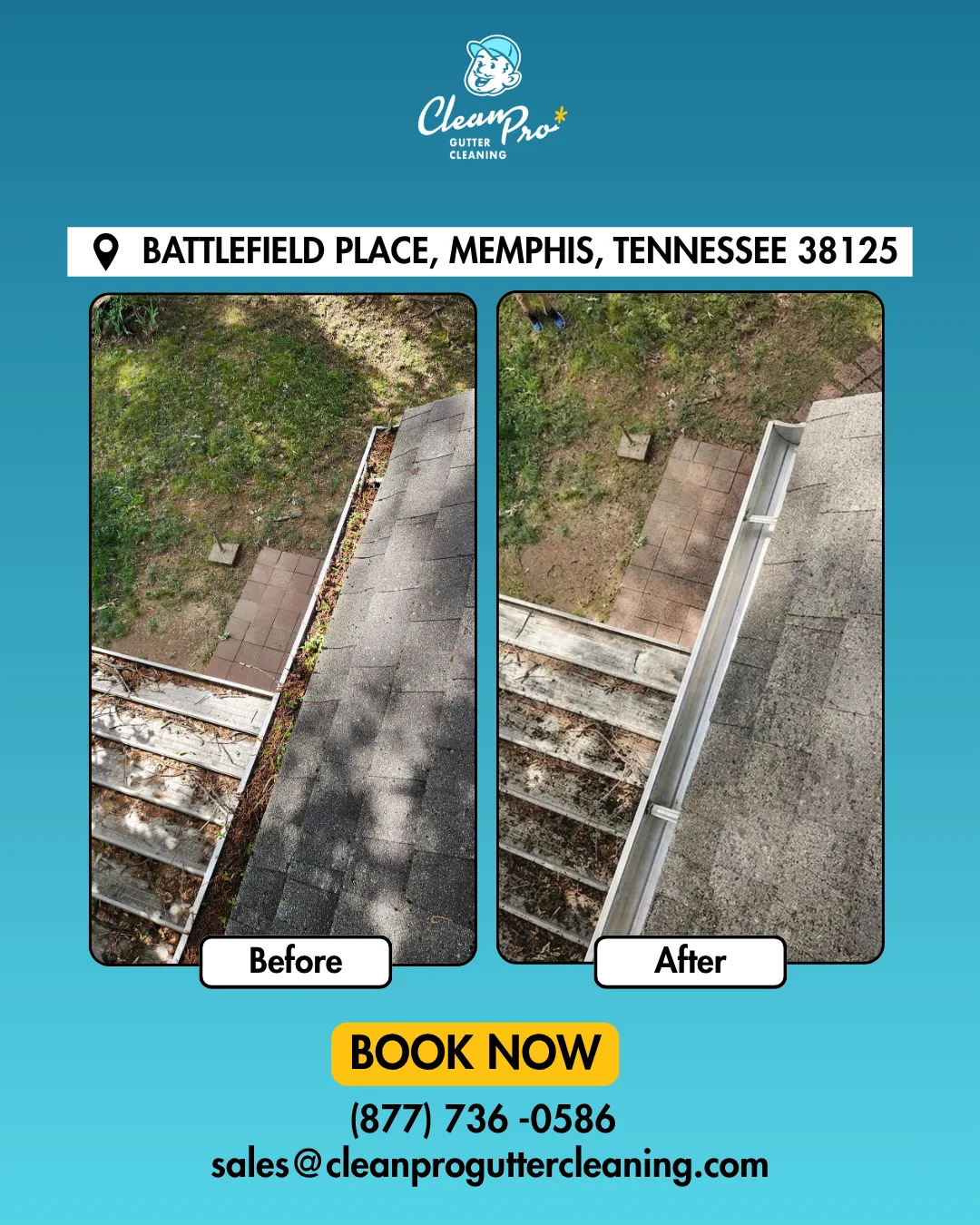 Before and after gutter cleaning on Battlefield Place, Memphis, TN