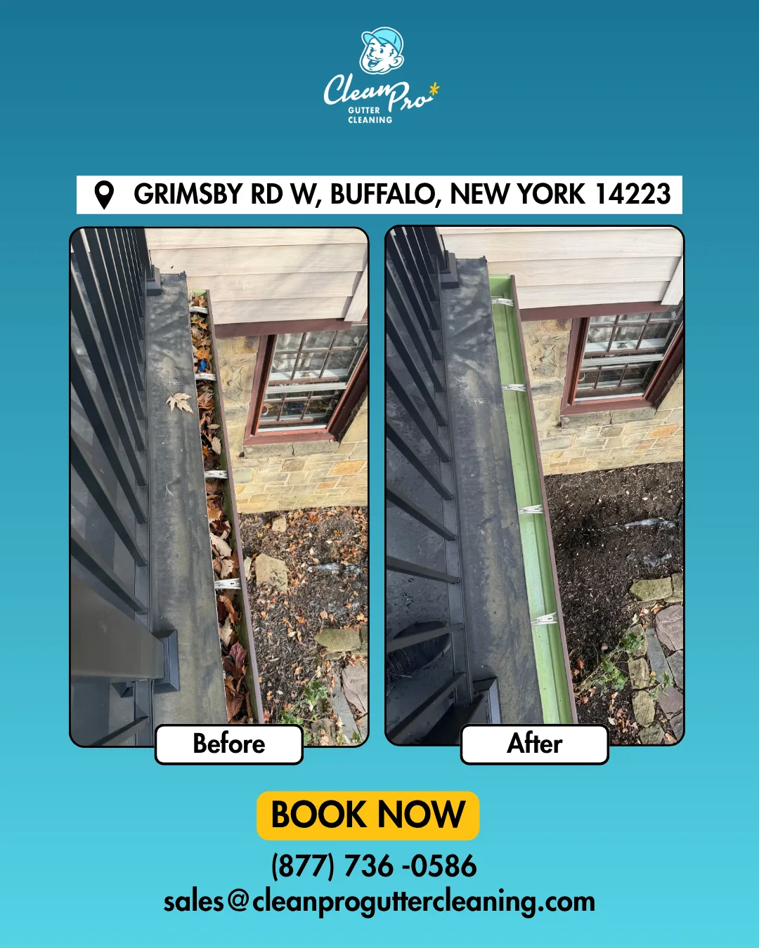 Before and after gutter cleaning on Grimsby Rd W, Buffalo, NY