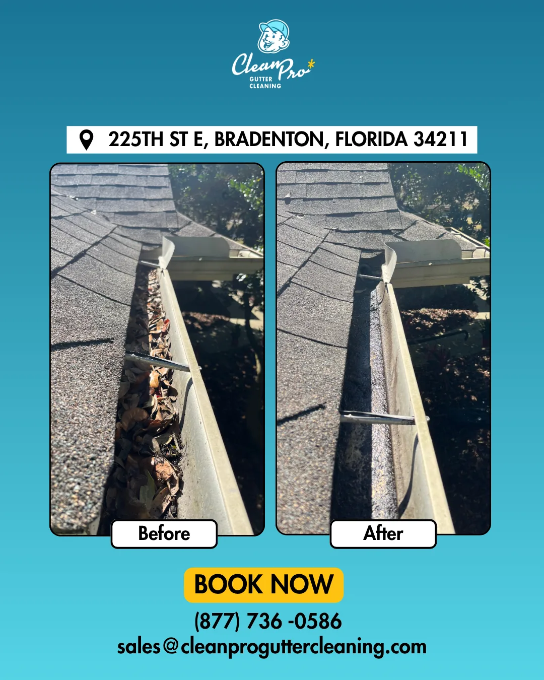 Before and after gutter cleaning on 225Th St E, Bradenton, FL