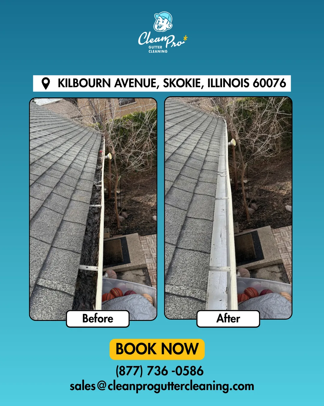 Before and after gutter cleaning on Kilbourn Avenue, Skokie, IL