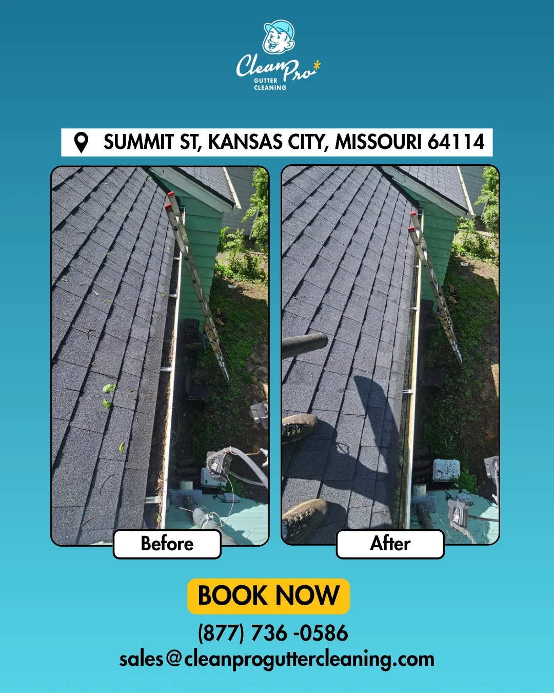 Before and after gutter cleaning on Summit St, Kansas City, MO