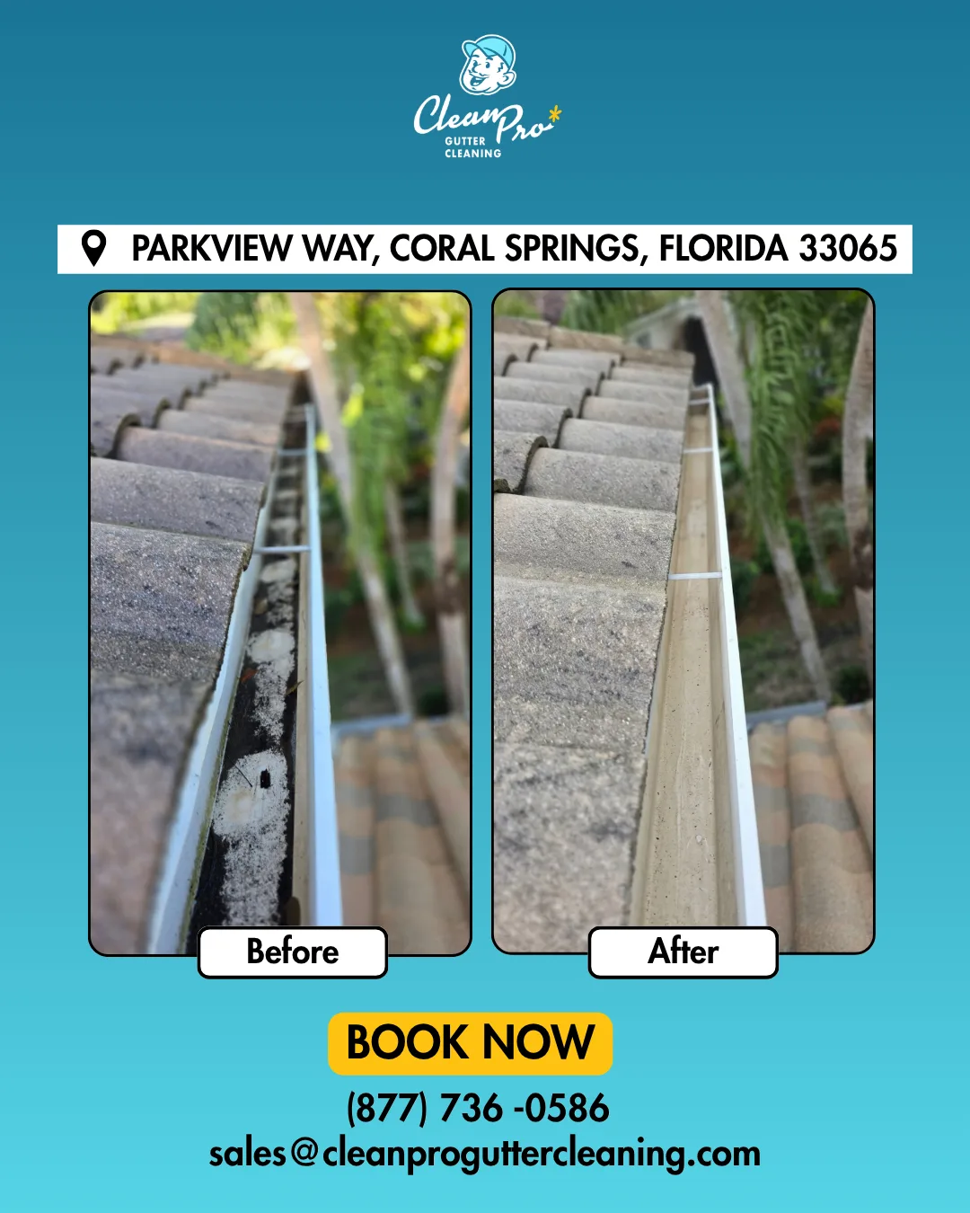Before and after gutter cleaning on Parkview Way, Coral Springs, FL