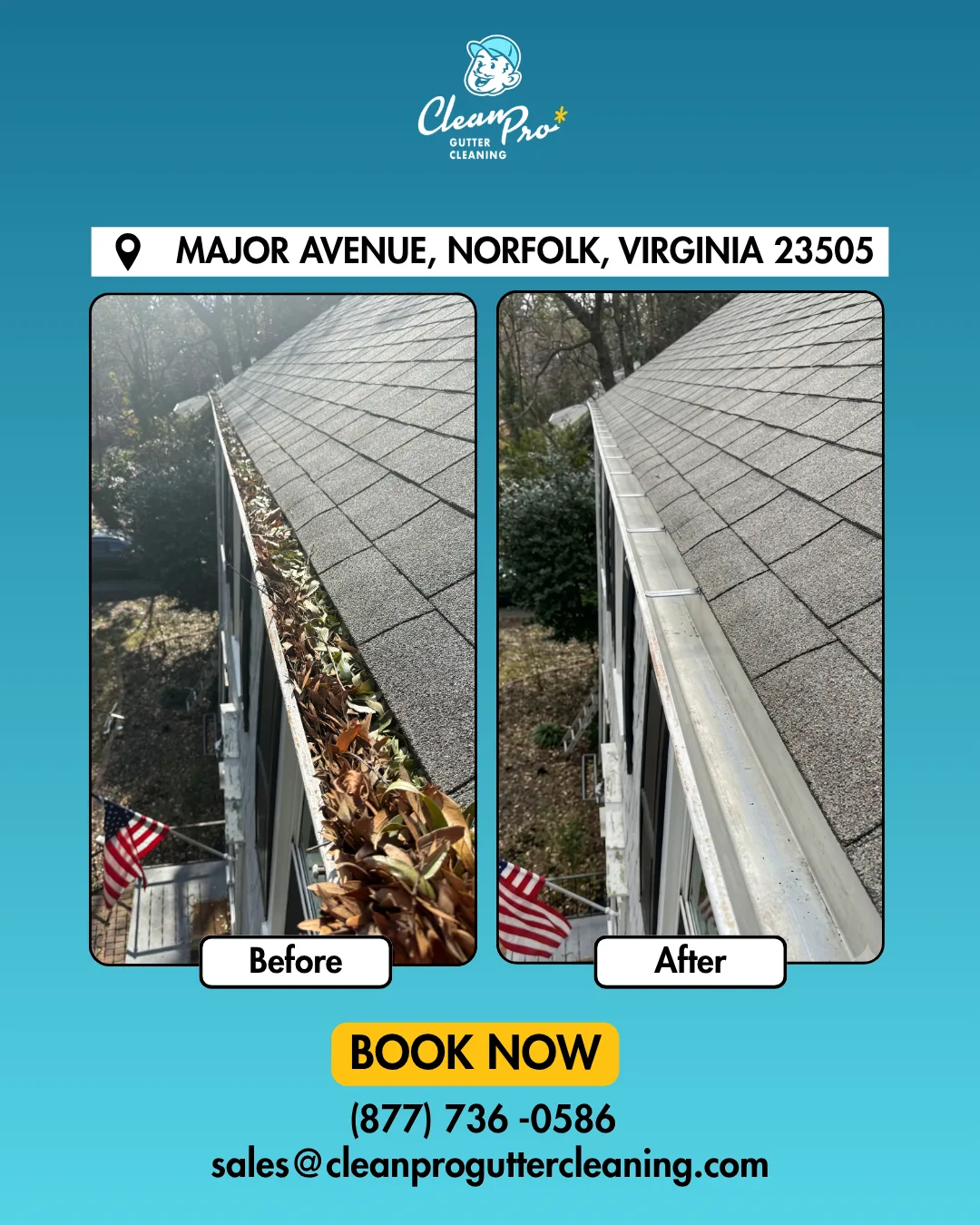 Before and after gutter cleaning on Major Avenue, Norfolk, VA
