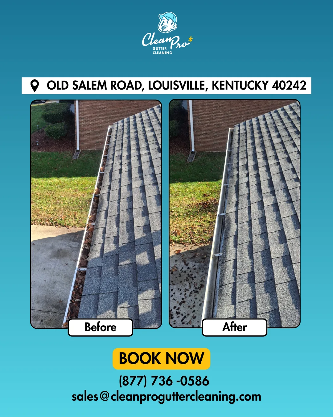 Before and after gutter cleaning on Old Salem Road, Louisville, KY