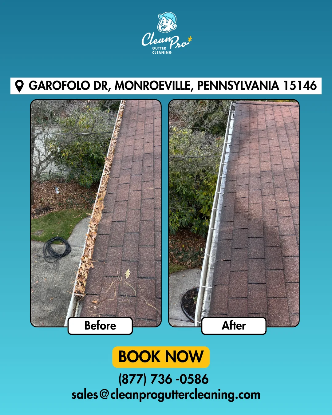 Before and after gutter cleaning on Garofolo Dr, Monroeville, PA