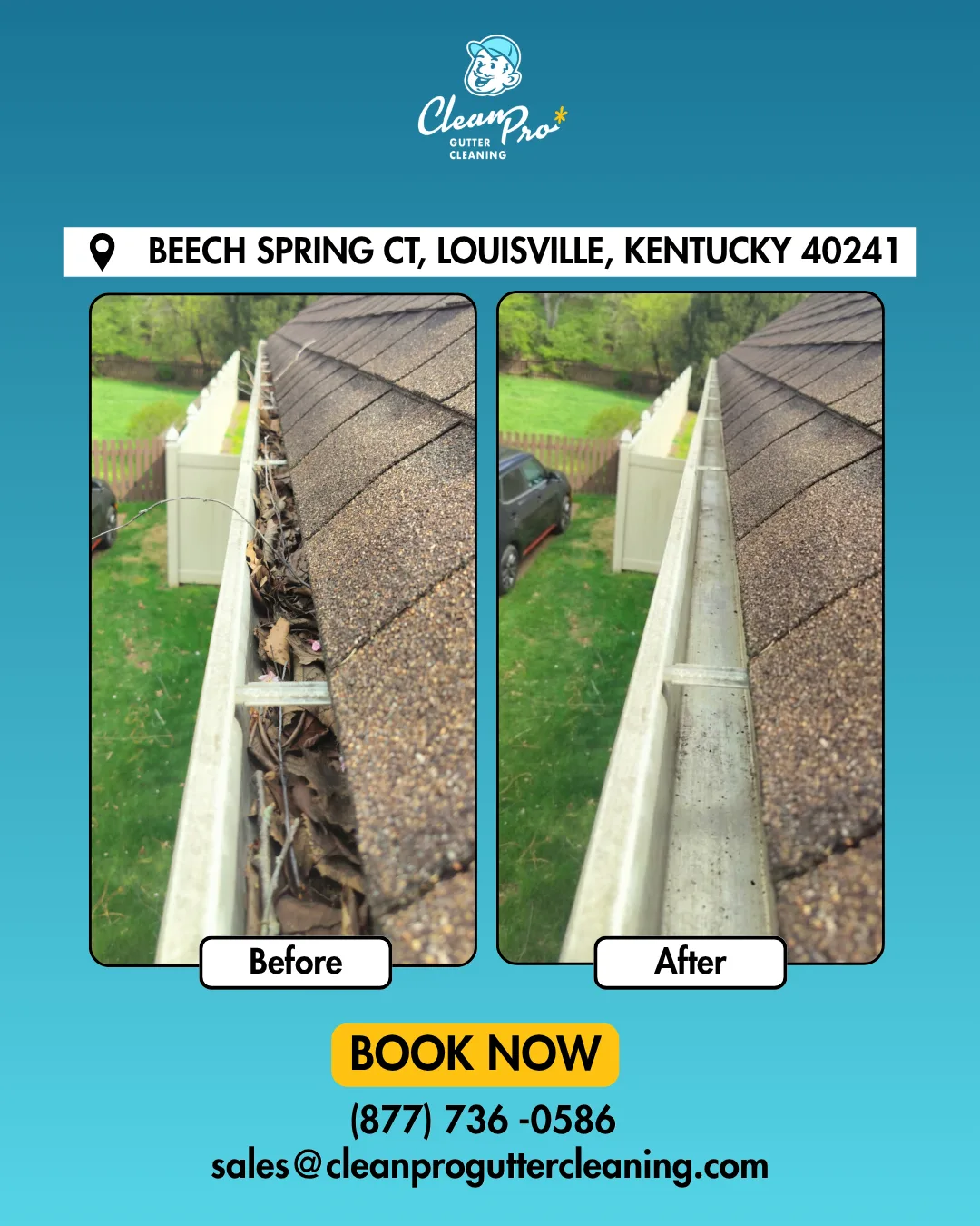 Before and after gutter cleaning on Beech Spring Ct, Louisville, KY