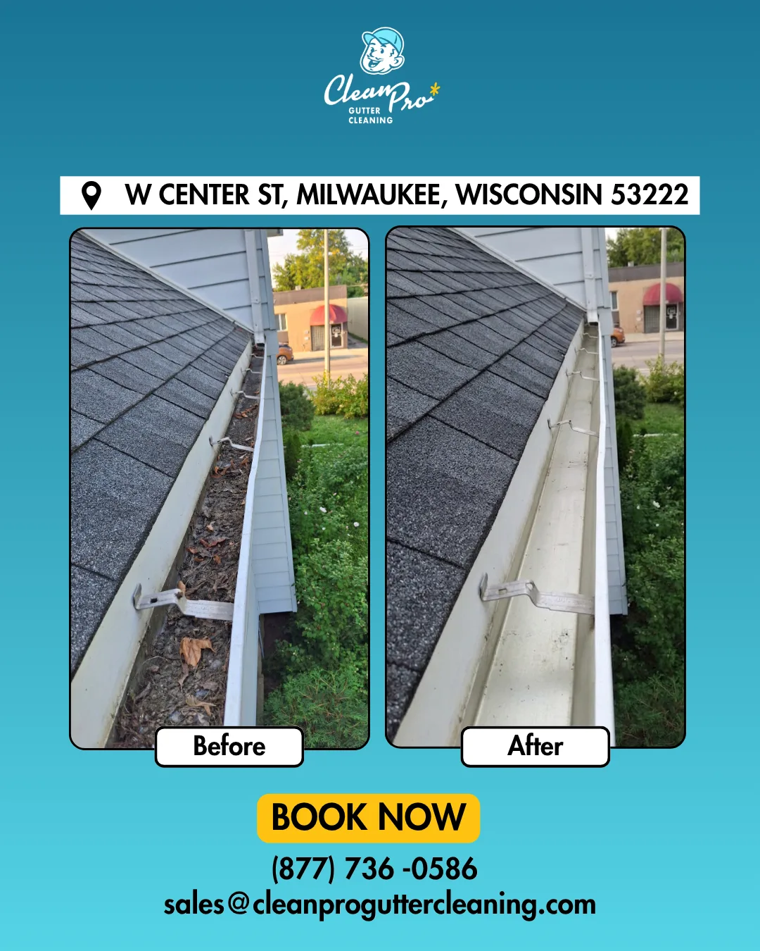 Before and after gutter cleaning on W Center St, Milwaukee, WI