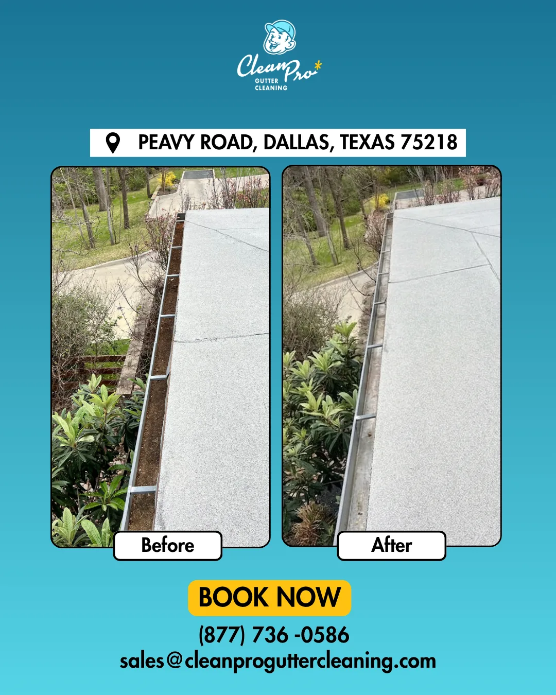 Before and after gutter cleaning on Peavy Road, Dallas, TX