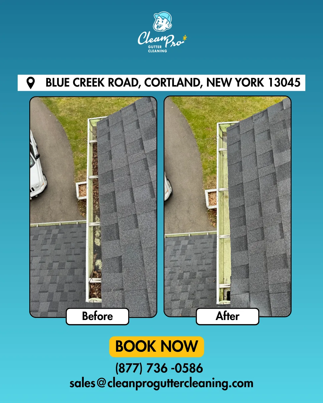 Before and after gutter cleaning on Blue Creek Road, Cortland, NY