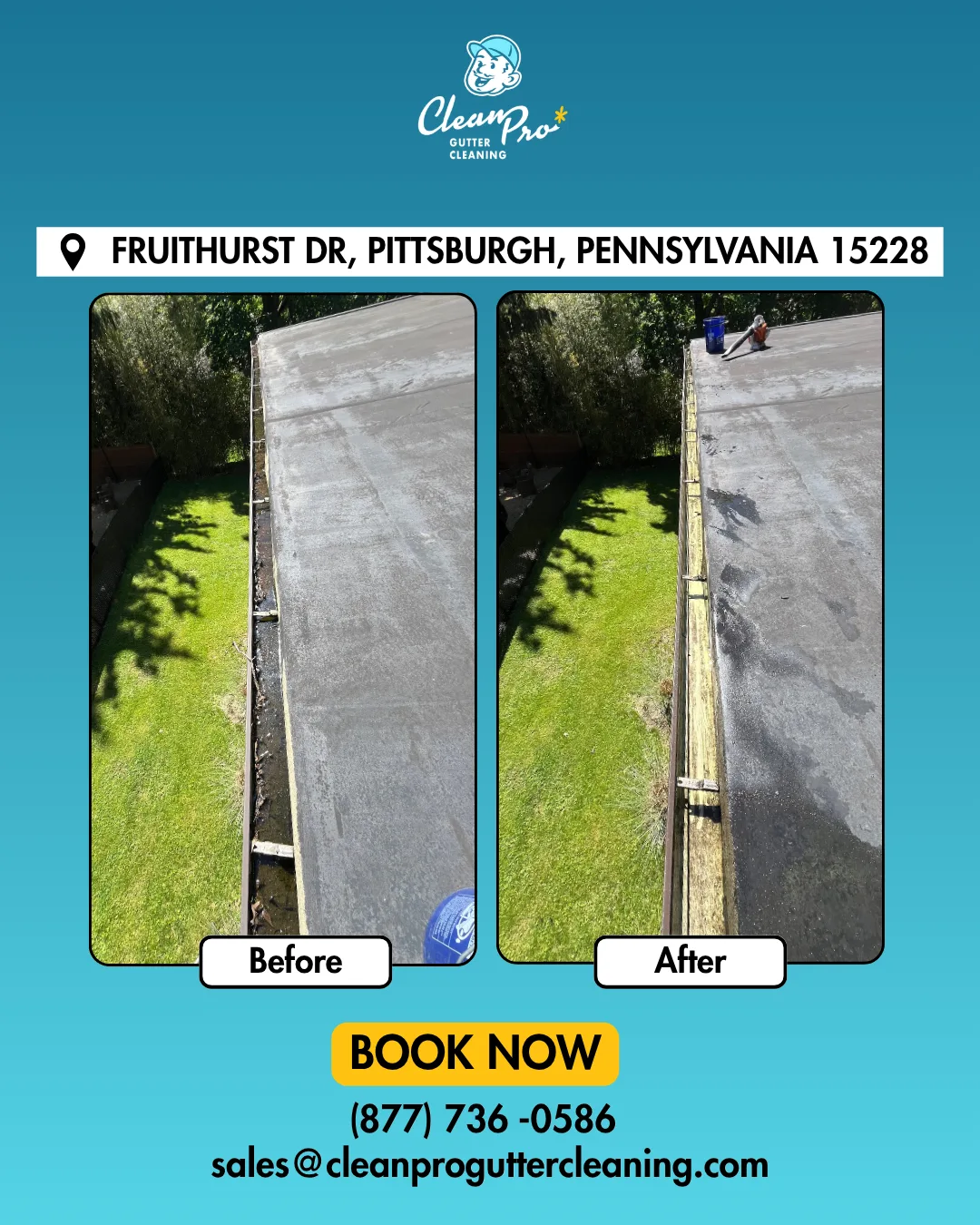 Before and after gutter cleaning on Fruithurst Dr, Pittsburgh, PA