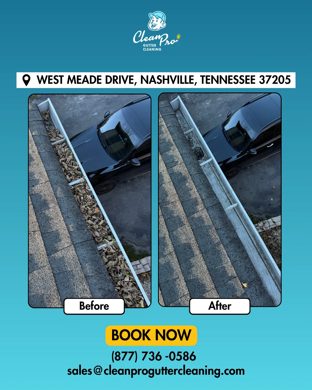 Before and after gutter cleaning on West Meade Drive, Nashville, TN
