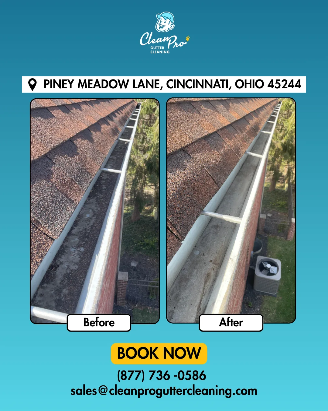 Before and after gutter cleaning on Piney Meadow Lane, Cincinnati, OH