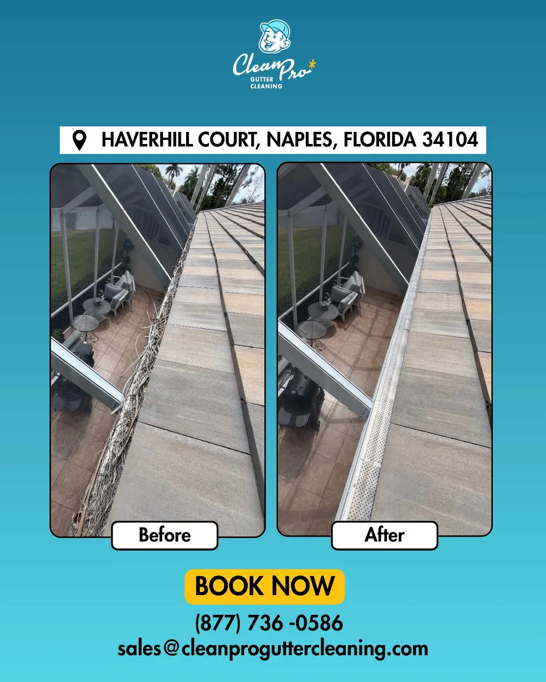 Before and after gutter cleaning on Haverhill Court, Naples, FL
