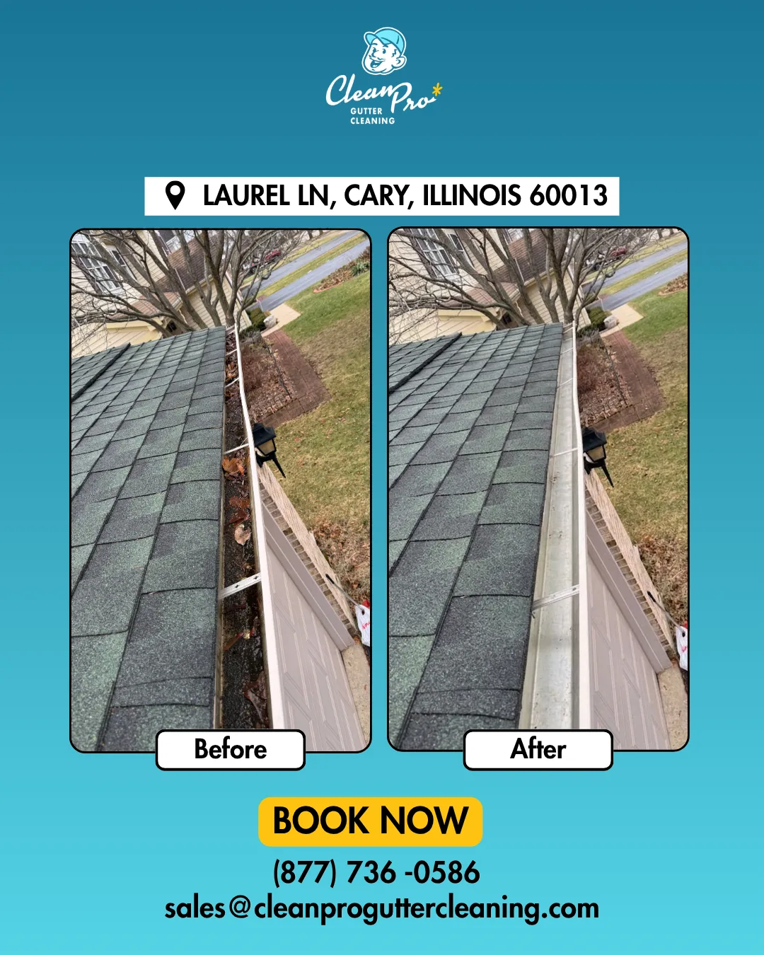 Before and after gutter cleaning on Laurel Ln, Cary, IL