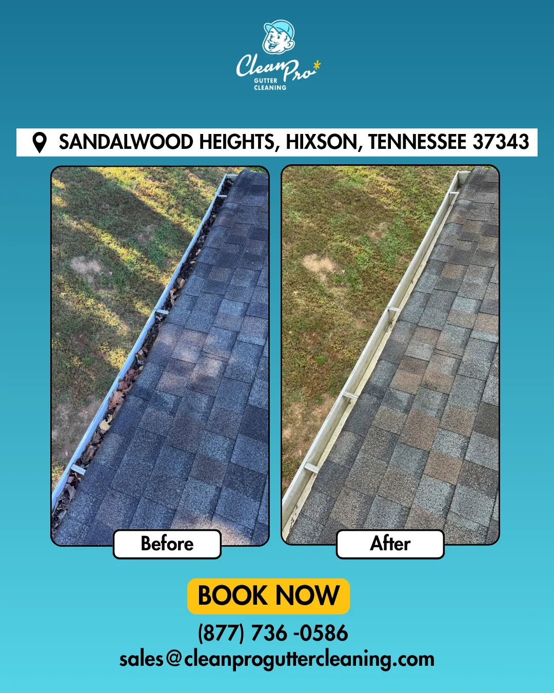 Before and after gutter cleaning on Sandalwood Heights, Hixson, TN