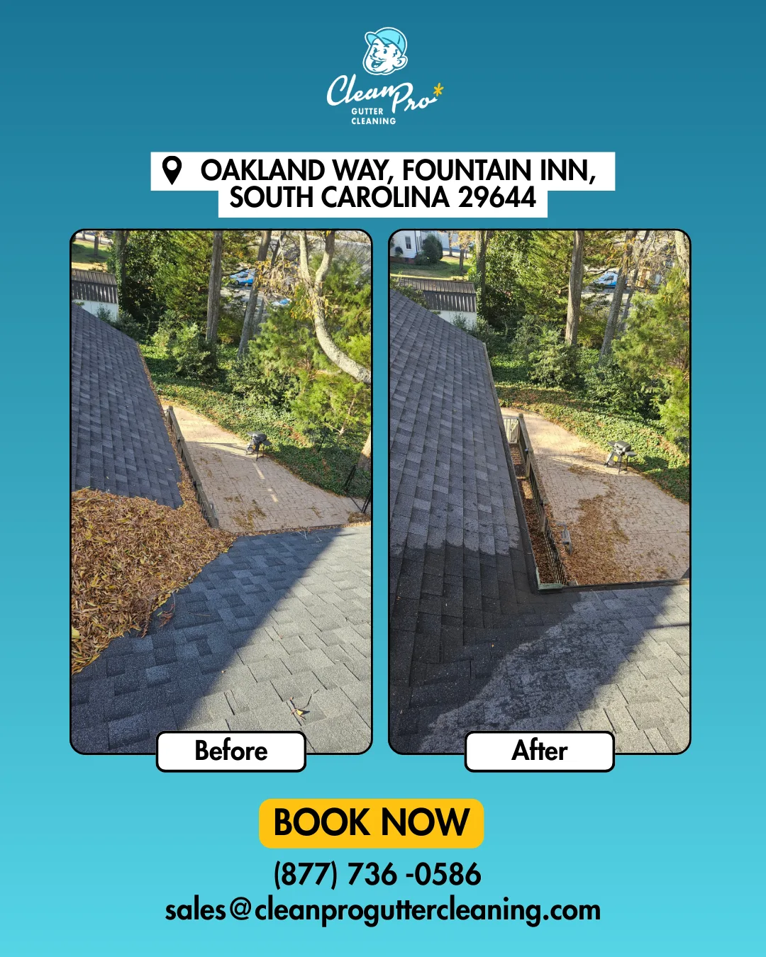 Before and after gutter cleaning on Oakland Way, Fountain Inn, SC