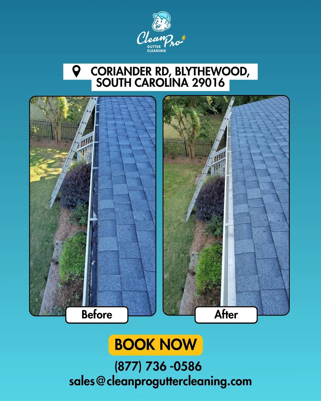 Before and after gutter cleaning on Coriander Rd, Blythewood, SC