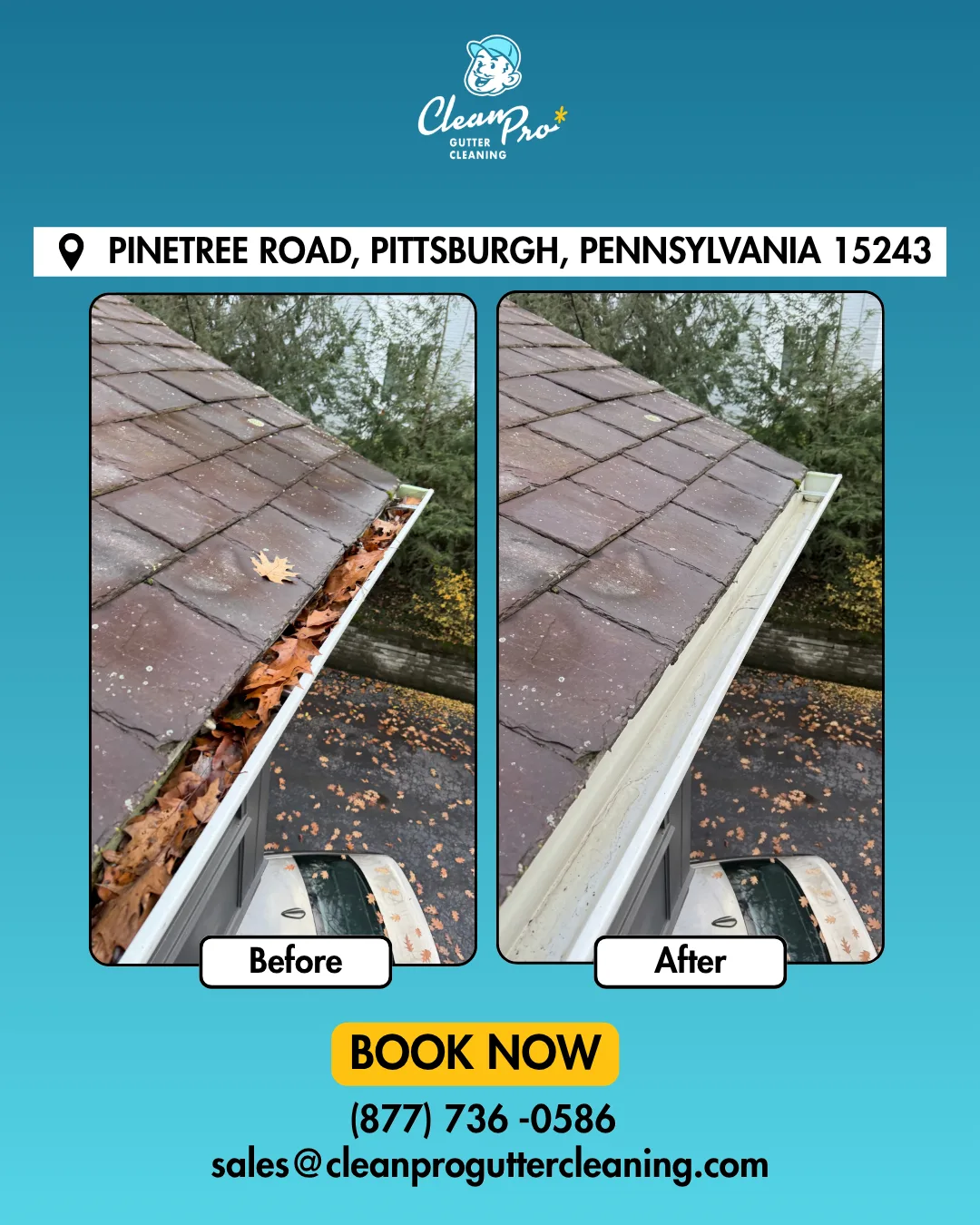 Before and after gutter cleaning on Pinetree Road, Pittsburgh, PA